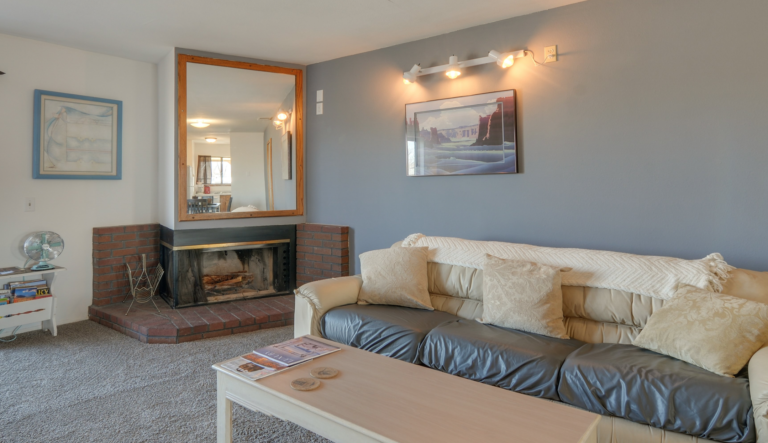 living room with leather couch and more